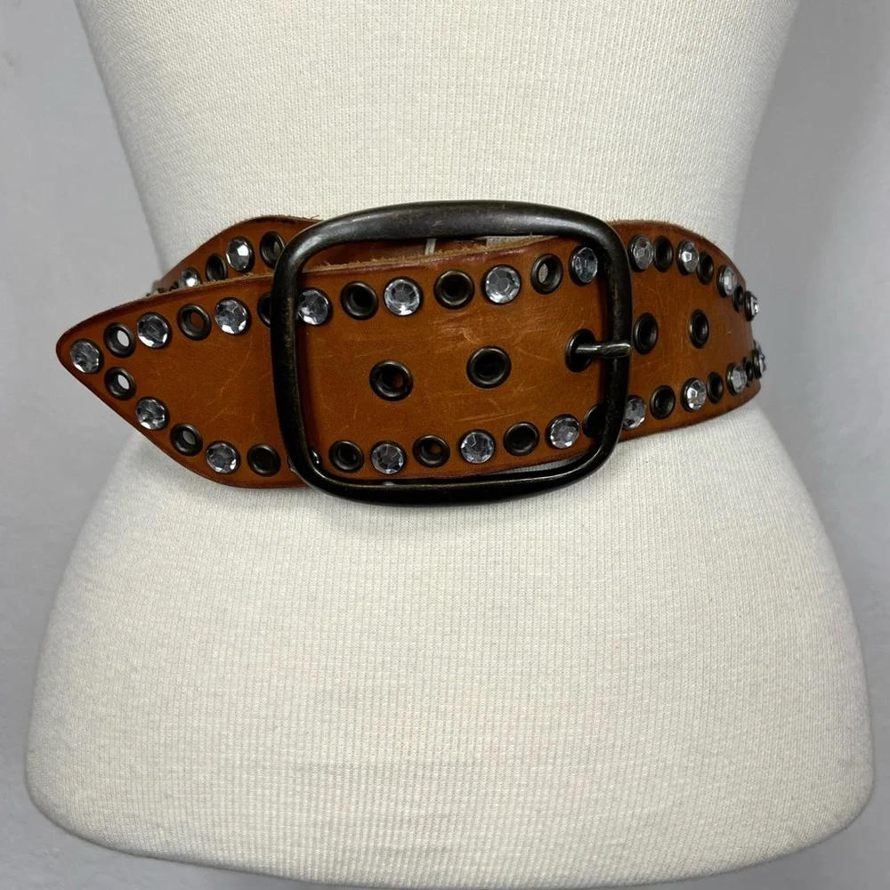 GAP Wide Tan Leather Studded Waist Belt with Crystal Accents